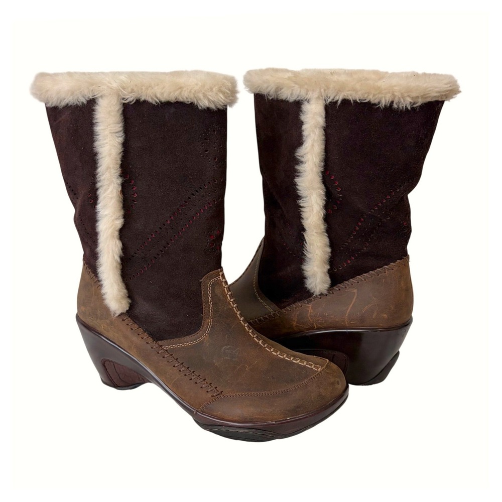 J41 Naples Leather Suede Faux Fur Lined Wedge Boots Womens 10 Brown Mid Calf Y2K